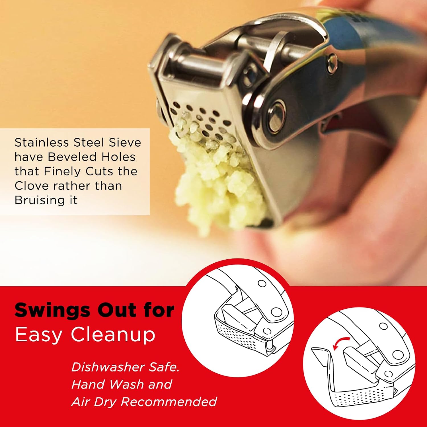Product-gallery illustration of the garlic press with its sieve swinging outward for cleaning.
