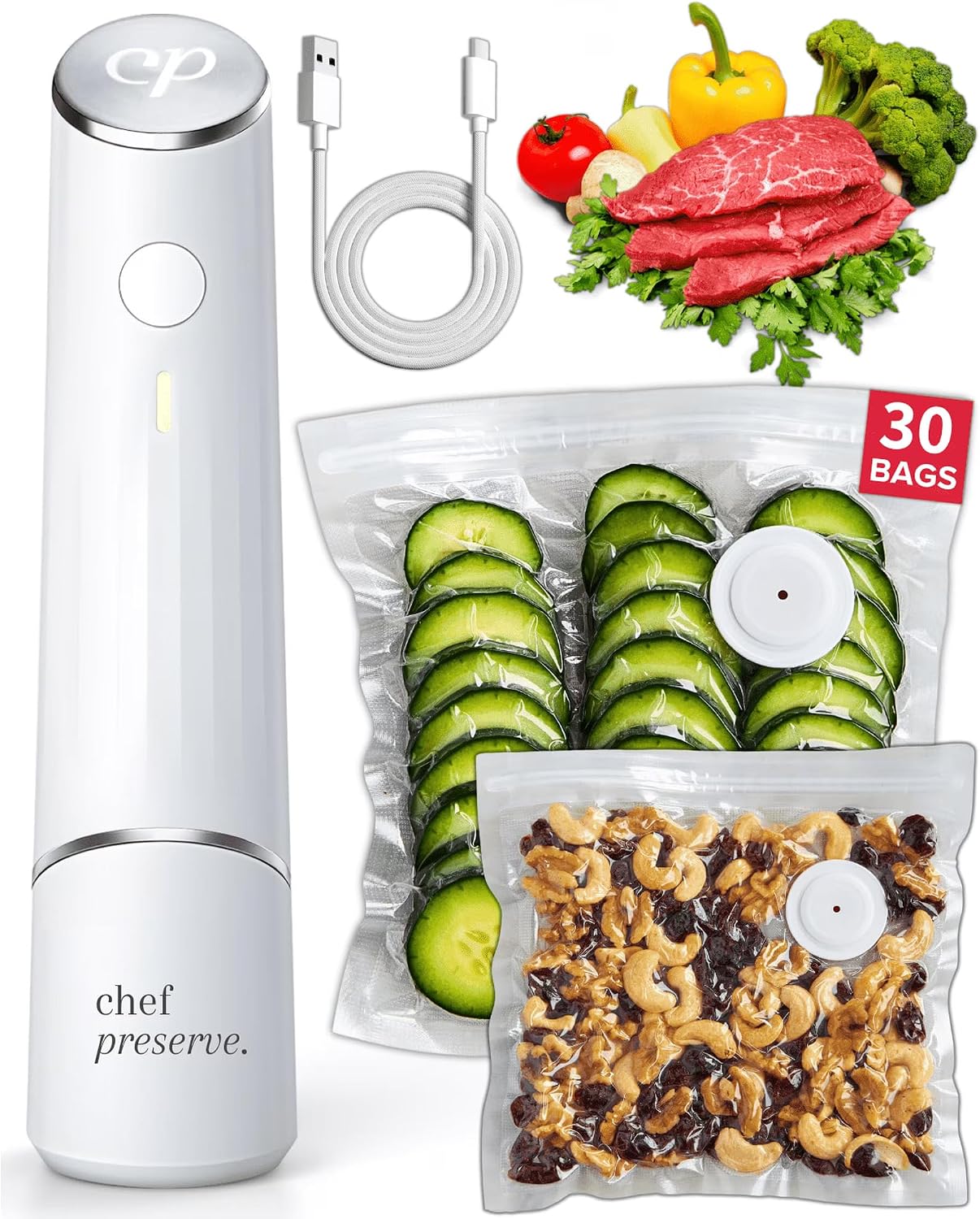 White Chef Preserve CP.V1.1 handheld vacuum sealer with USB cable and two reusable valved food bags