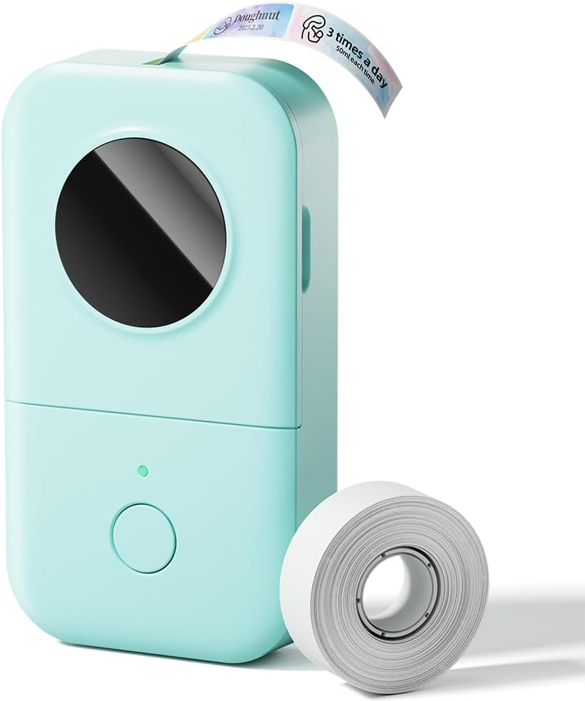 Green Phomemo D30 thermal label printer with a label roll and printed sample