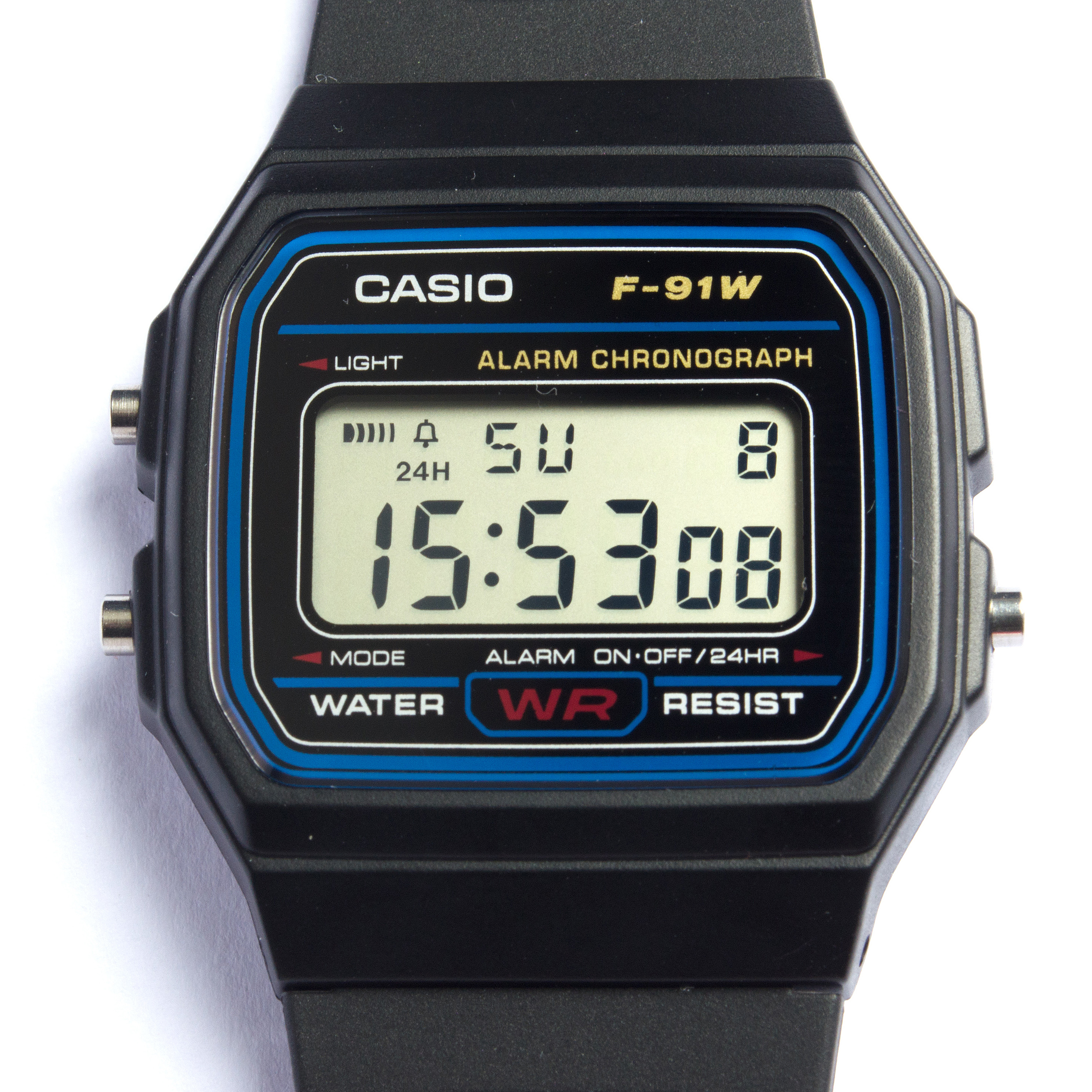 Black Casio F-91W with a blue-bordered face, digital time display and three side buttons