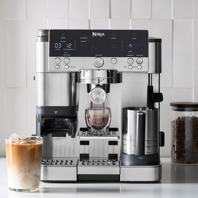 Ninja Luxe Cafe Premier ES601 stainless steel machine with espresso, iced coffee, and milk drinks