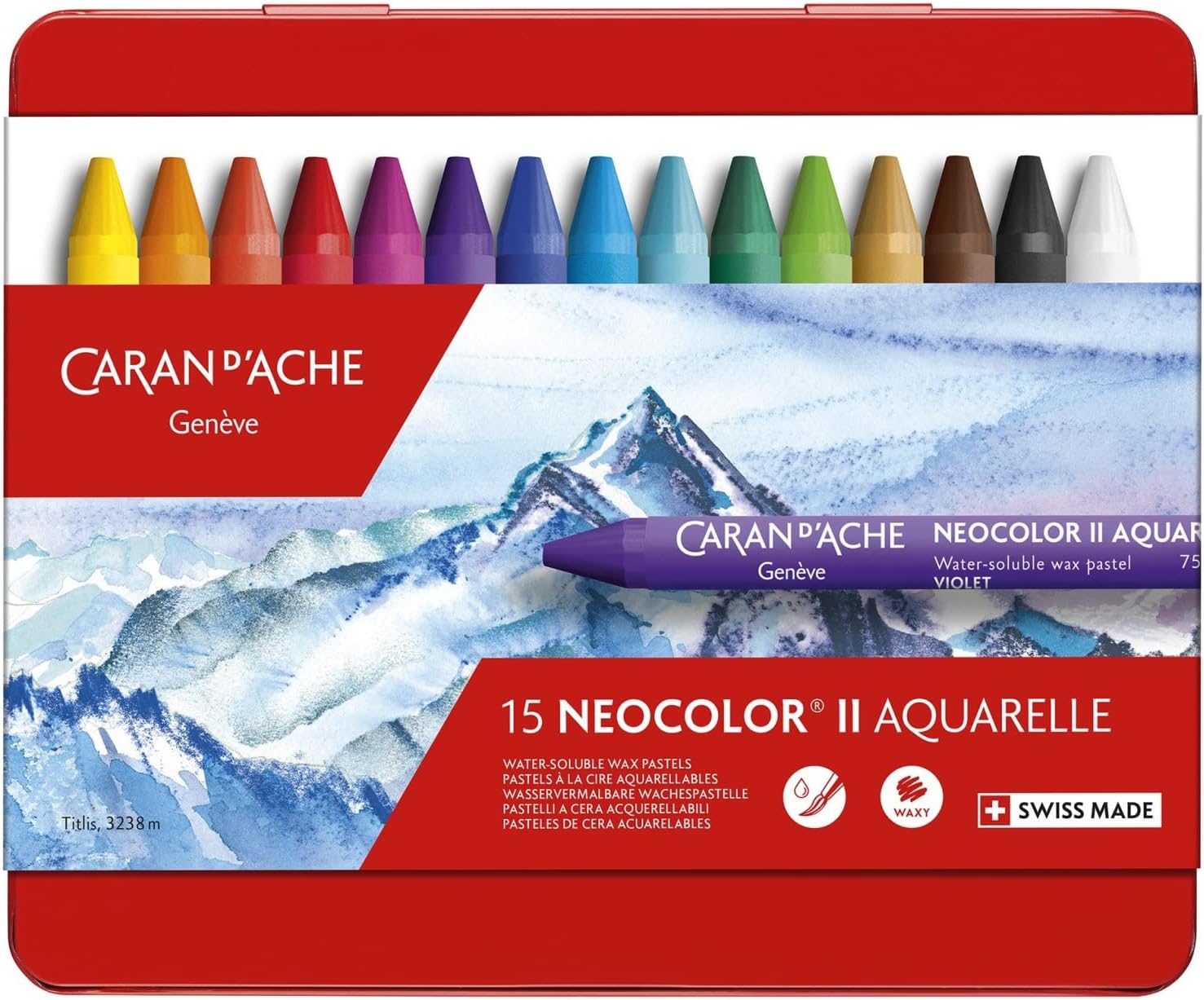 Red metal Caran d’Ache Neocolor II Aquarelle 15-color tin with its printed sleeve and pastel tips
