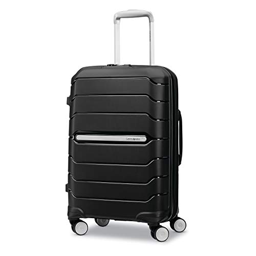 Black Samsonite Freeform Carry-On Spinner with telescoping handle and four double spinner wheel assemblies
